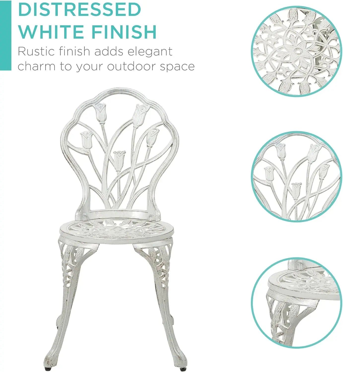 3-Piece Outdoor Rust-Resistant Cast Aluminum Patio Bistro Set w/Tulip Design, Antique Finish - White