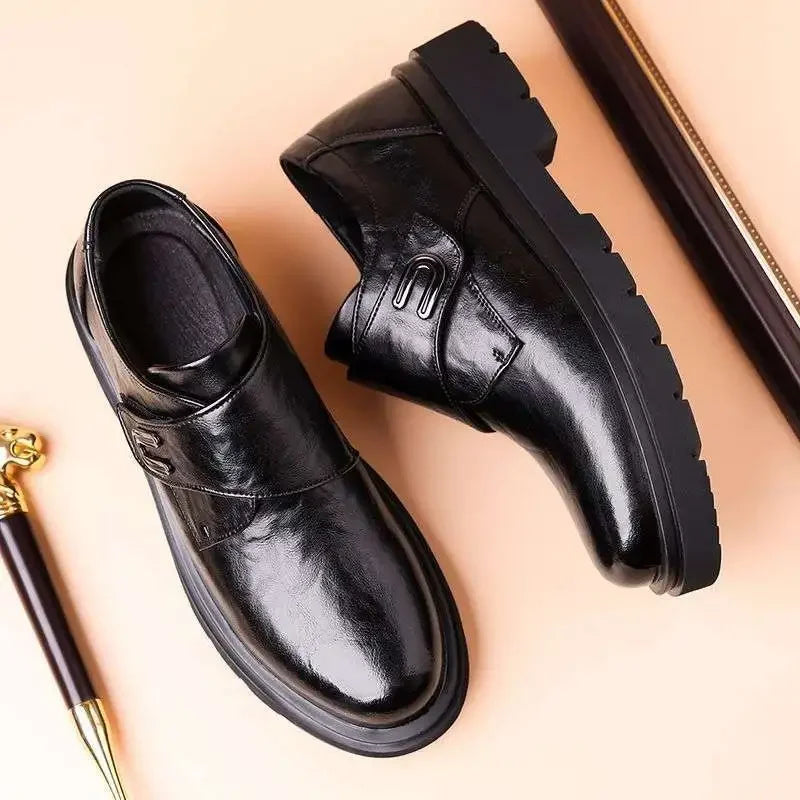 Casual Breathable Business Men Leather Shoes, Thick Bottom Slip-On Trendy Rubber Sole.
