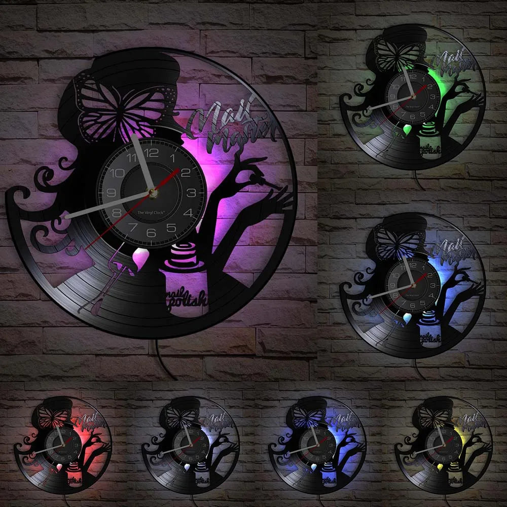 Manicure Design Wall Clock Fashion Beauty Store Wall Art Salon Vinyl Record Wall Clock Beauty Home Decor Gift For Her