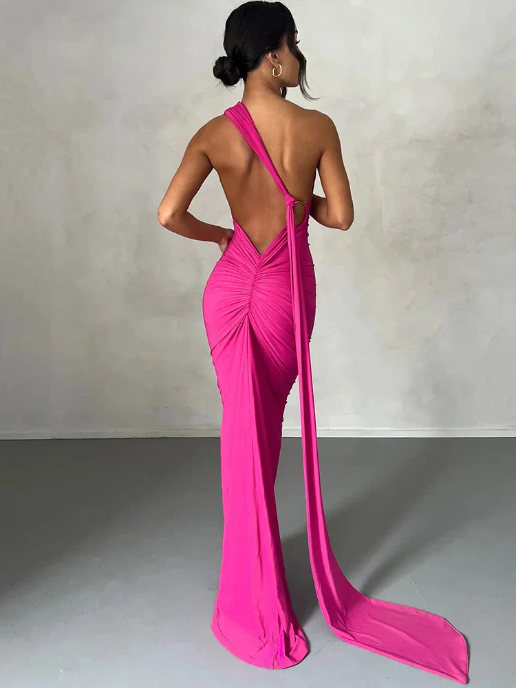 Hugcitar One Shoulder Backless Adjustable Scarf Loop Ruched Sexy Maxi Dress 2025 Women Elegant Y2K Streetwear Festival Outfit