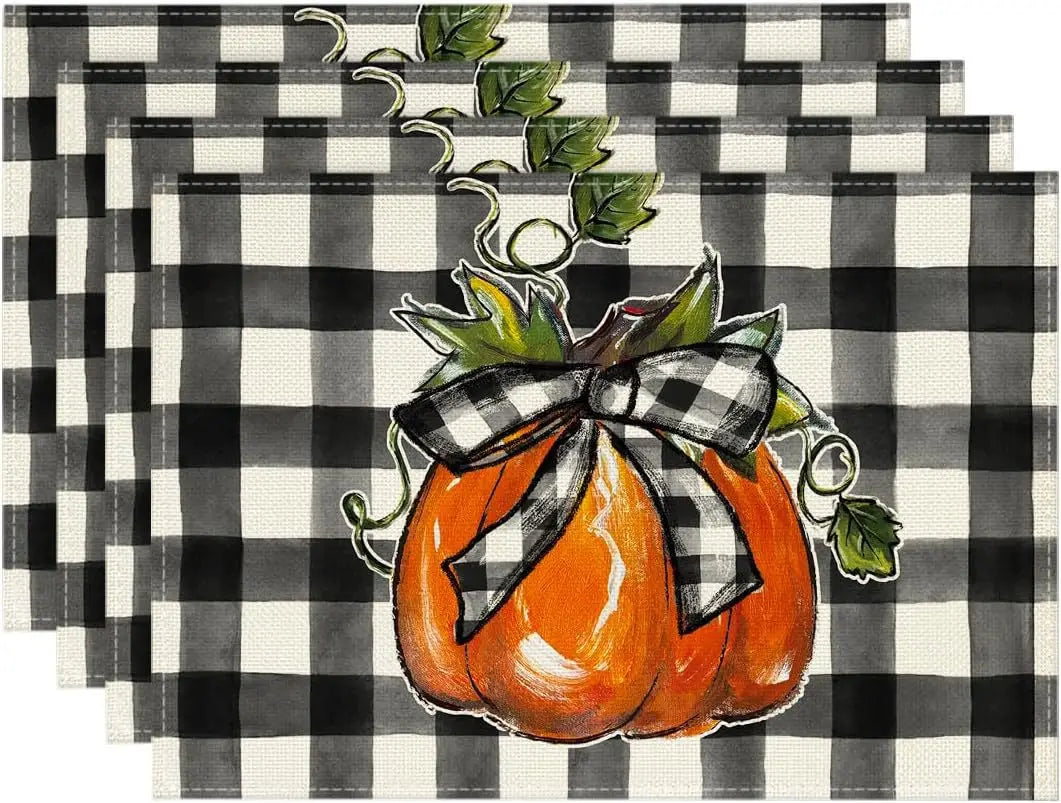 4PCS Thanksgiving Day Table Placemats 30*45cm Linen Autumn Pumpkin Maple Leaf Printed Dining Table Mat Festive Table Decoration