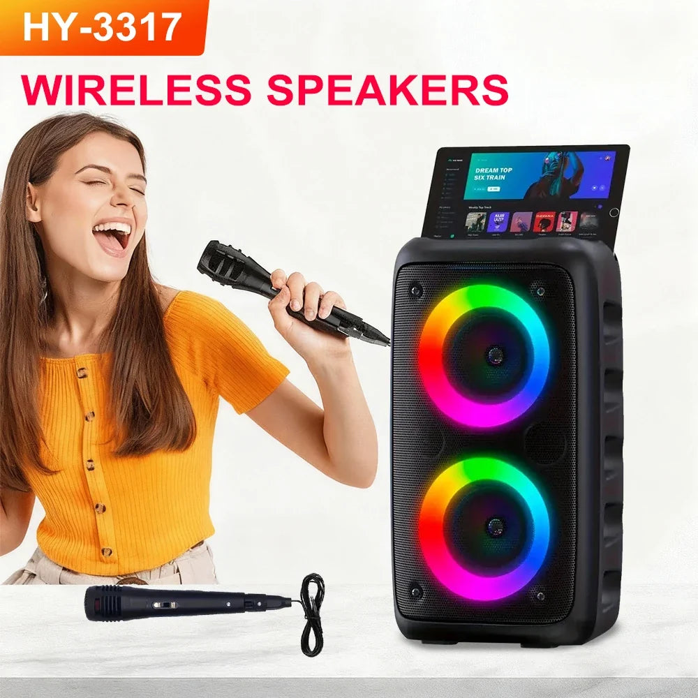 ZNLYRION HY-3317 Portable Bluetooth Karaoke Speaker Dual 3 Inch 10W RGB Ring Light TWS Wireless Stereo Speaker With Wired Mic 2400mAh Rechargeable Battery