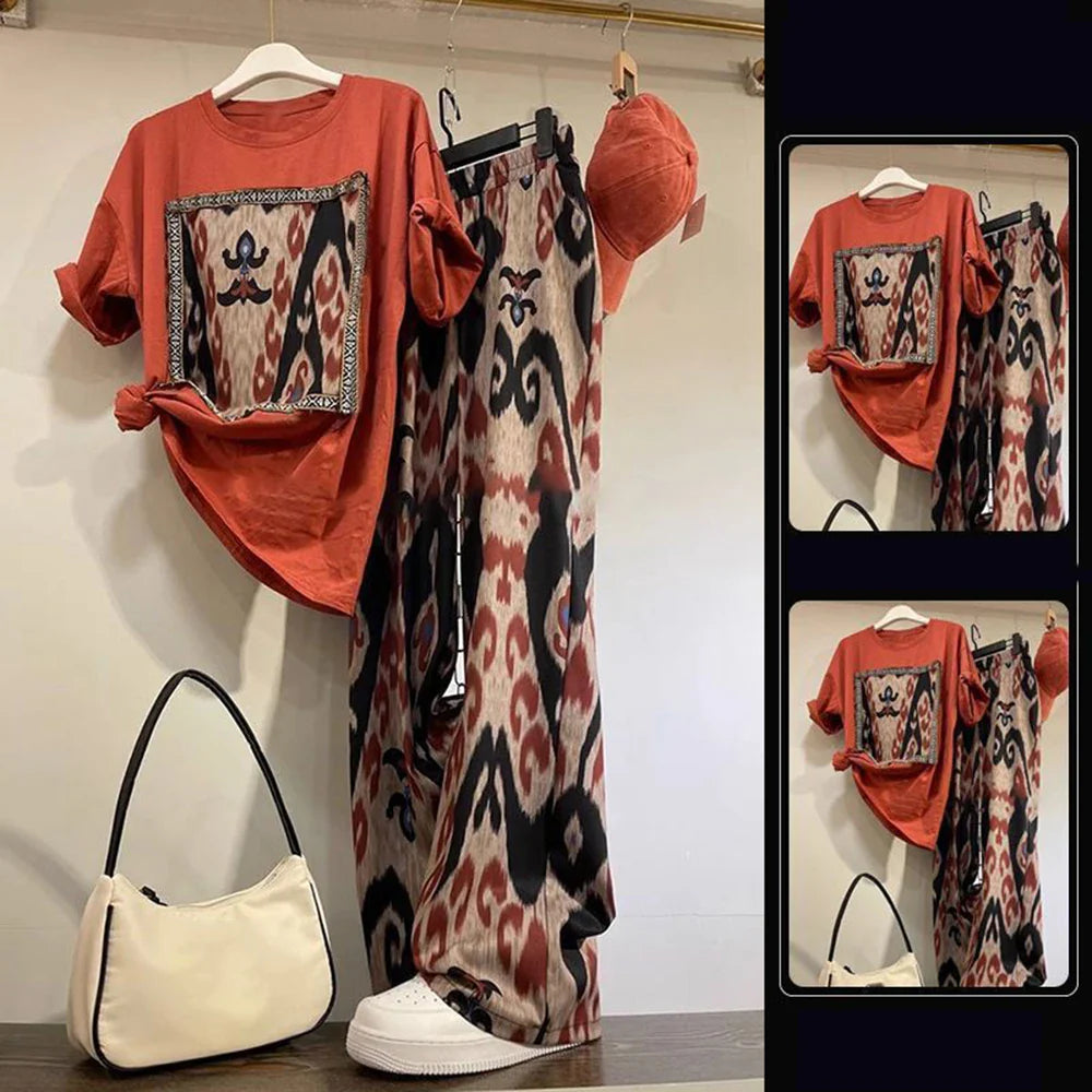 Fashion 2piece Set Women's Summer Thin O-neck Short Curled Sleeves Printed Patchwork T-shirt+Elastic Loose Wide Leg Pants