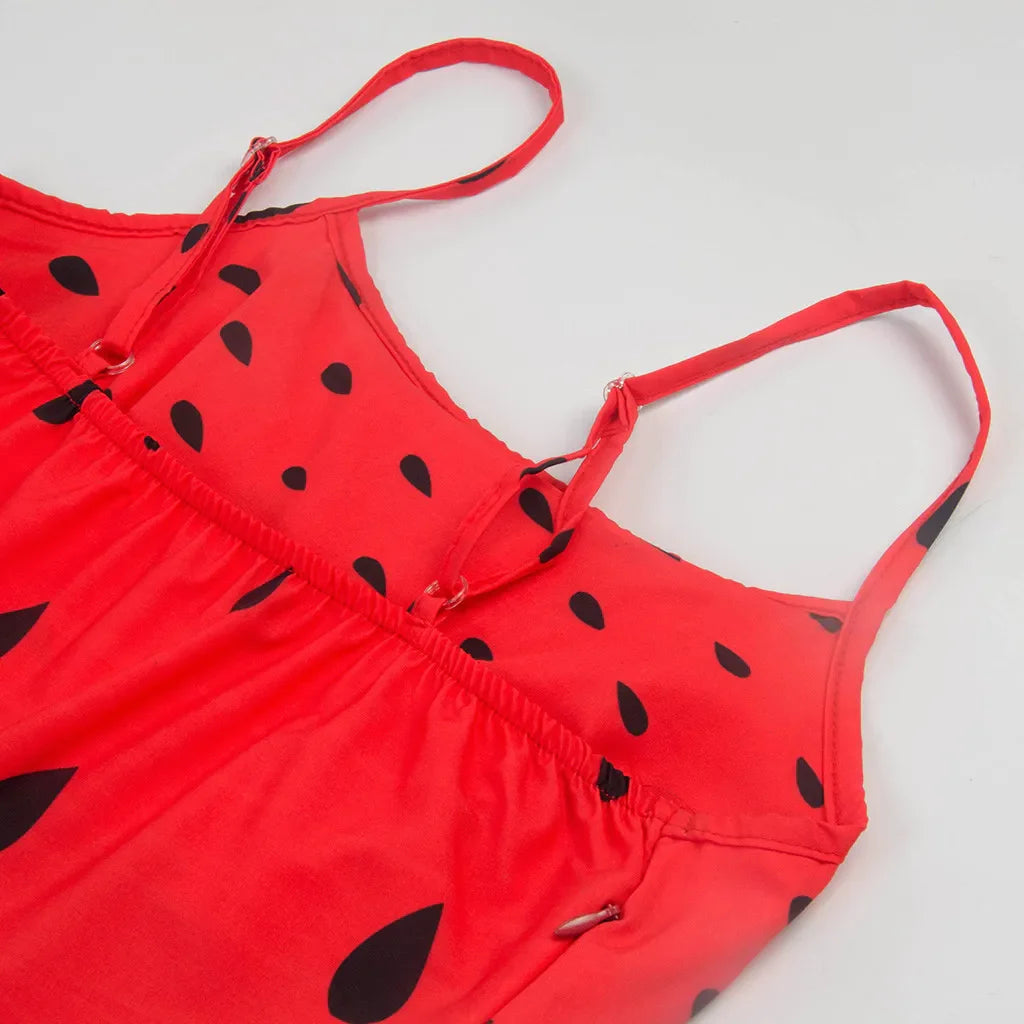 Women Watermelon Printing Party Dress Off Shoulder Slip A-Shaped Swing Skirt Sweet New Products In Spring Summer Dress 2024