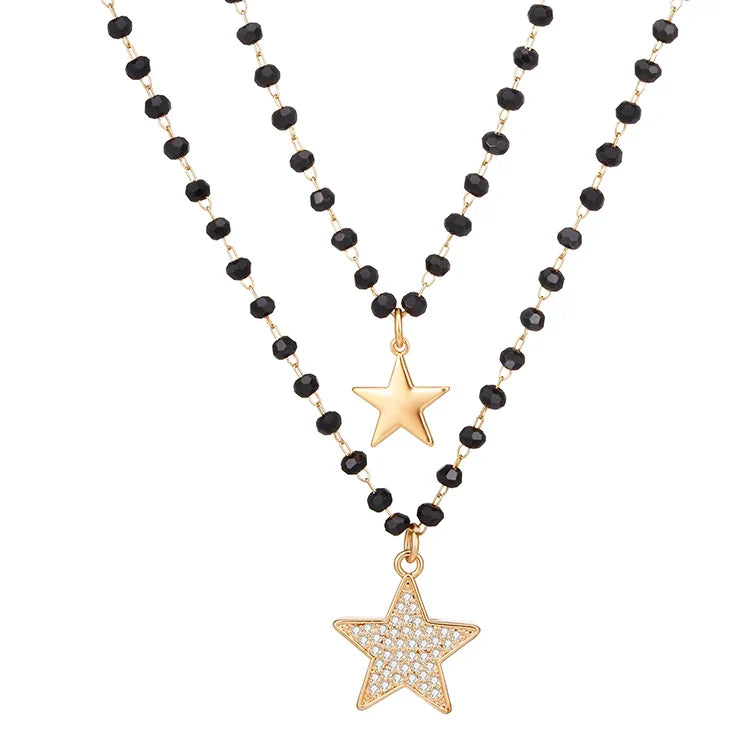 Fashion Double Layer Black Crystal Beads Necklace For Women Stainless Steel Star Choker Necklace Women's Jewelry femme Bijoux