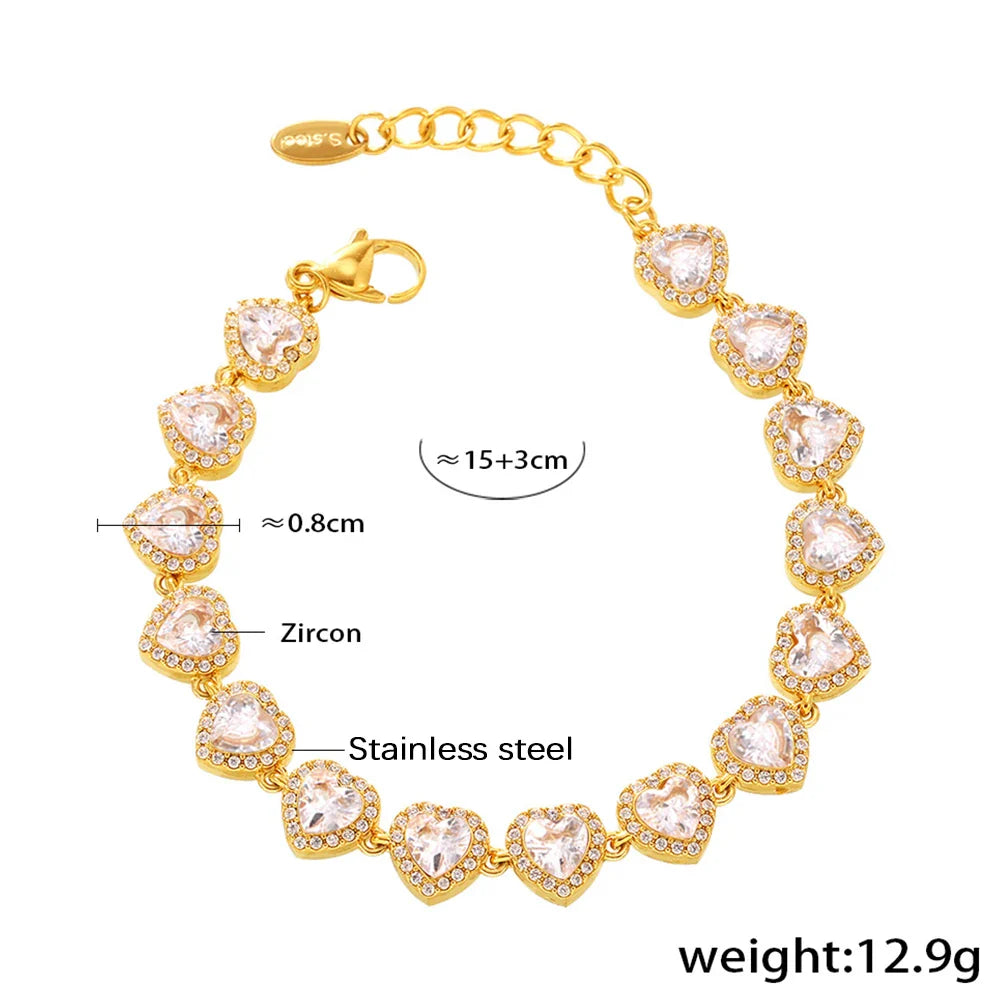 Stainless Steel Bracelets With Heart Round Zircon For Women 18K Gold Plated Waterproof Inoxidable No Tarnish Women's Bracelet