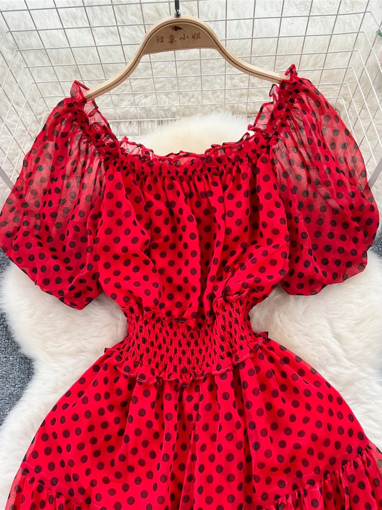 Summer Women Red/Green/White Polka Dot Chiffon Long Dress Beach Vacation Sexy Short Puff Sleeve High Waist A-Line Party Robe New