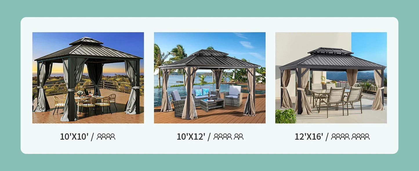 10x10ft Hardtop Gazebo, Nettings and Curtains, Heavy Duty Double Roof Galvanized Steel Outdoor Combined of Vertical Stripes Roof
