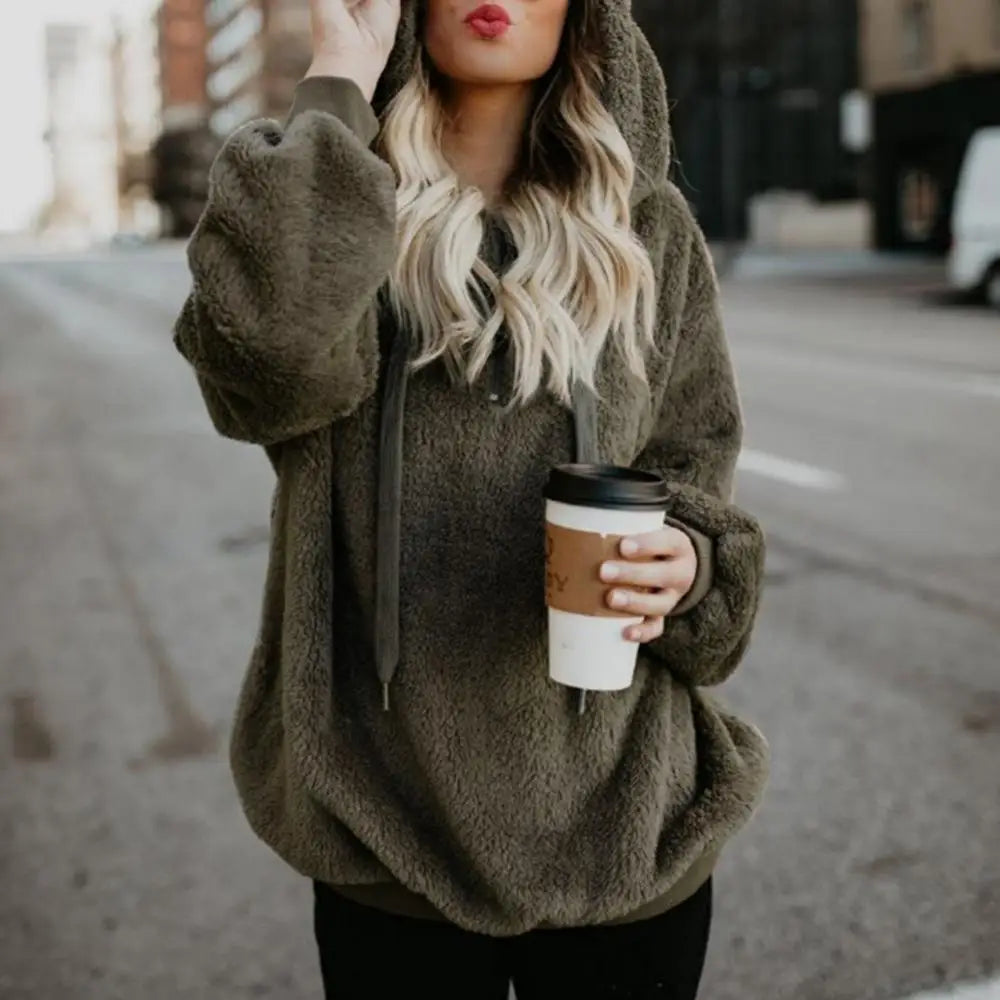 Winter Hoodies Long Sleeve Two Pockets Pullover Sweatshirt Plush Turtleneck Zipper Neck Women Fluffy Sweatshirt Outerwear