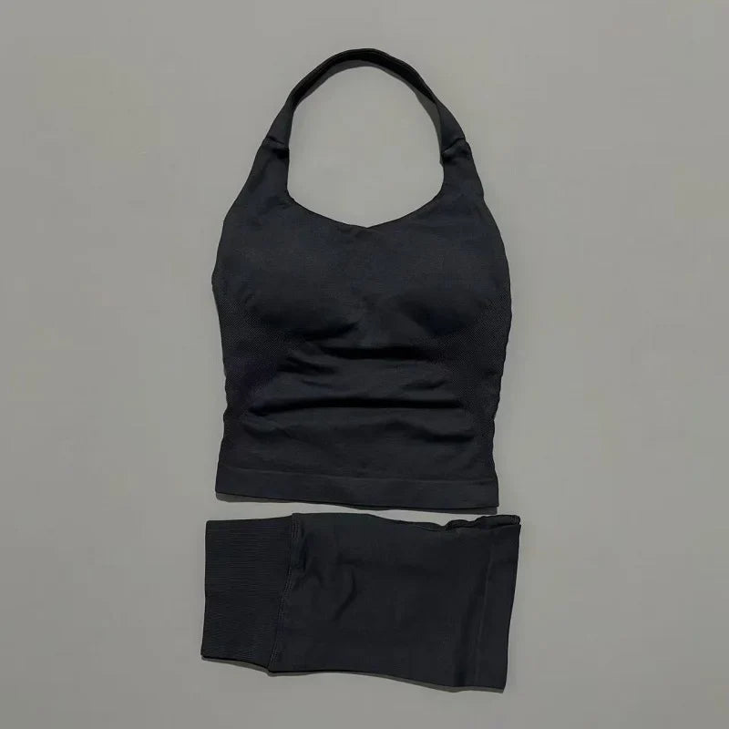 2 Pieces Shorts Yoga Set Women Backless Halter Tops High Waist Seamless Shorts Gym Suit Fitness Sportswear Workout Sets