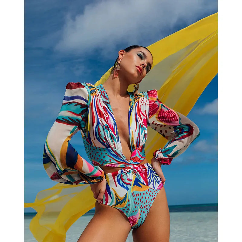 Long sleeve one piece swimsuit for big breast female swimwear 2024 big size bathing suit high waisted cut out sexy floral bikini