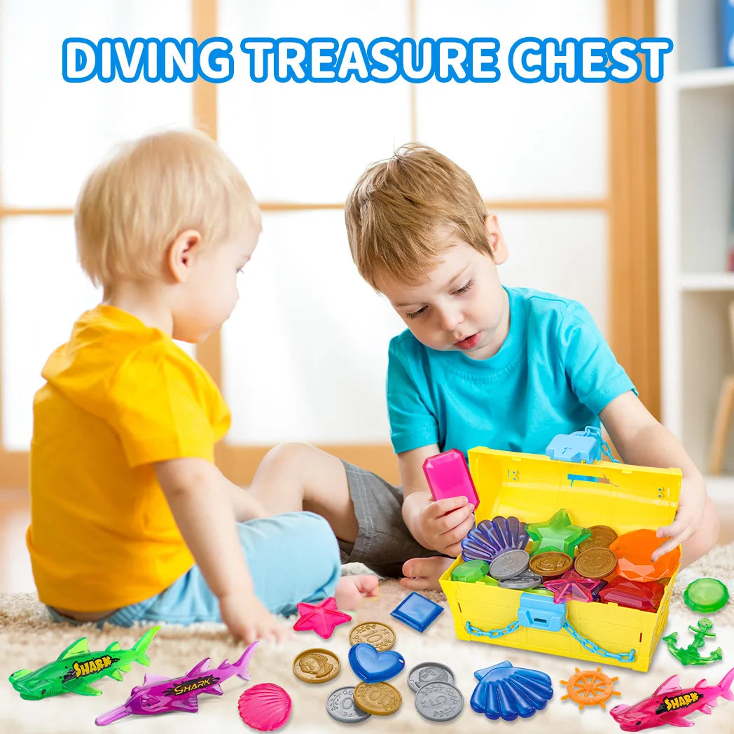 Pool Diving Treasure Chest Set includes treasure Chest, gems, gold silver coins and net bag, summer Pool Pirate diving game toys