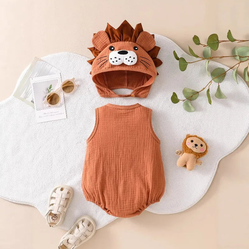 Newborn Baby Romper Knitted Hooded Lion Bodysuit Sleeveless Infant Jumpsuit Toddler Onesie Unisex Summer Outfit Button Playsuit