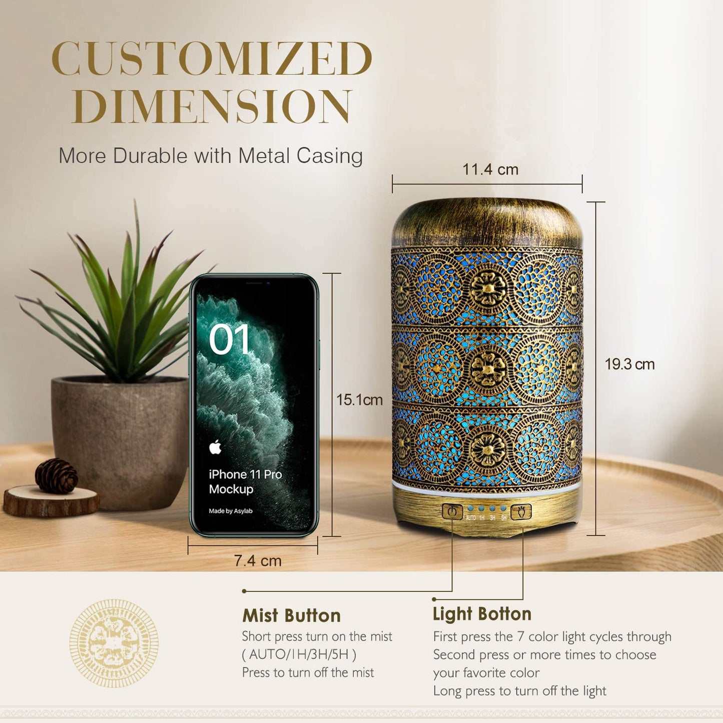 Metal Aromatherapy Machines 260ml Essential Oils Diffuser Air Humidifier 7 Colors Night Light Auto Shut Off Timer Office Bedroom