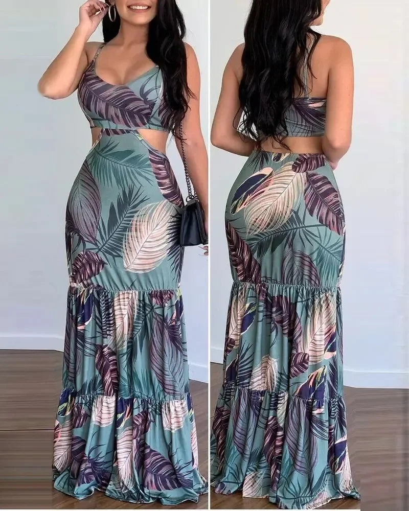 Women's Summer New Elegant Print Fashion Floral Sexy Backless Boho Maxi Ruffle Hollow Out Long Slim Beach Suspender Sheath Dress