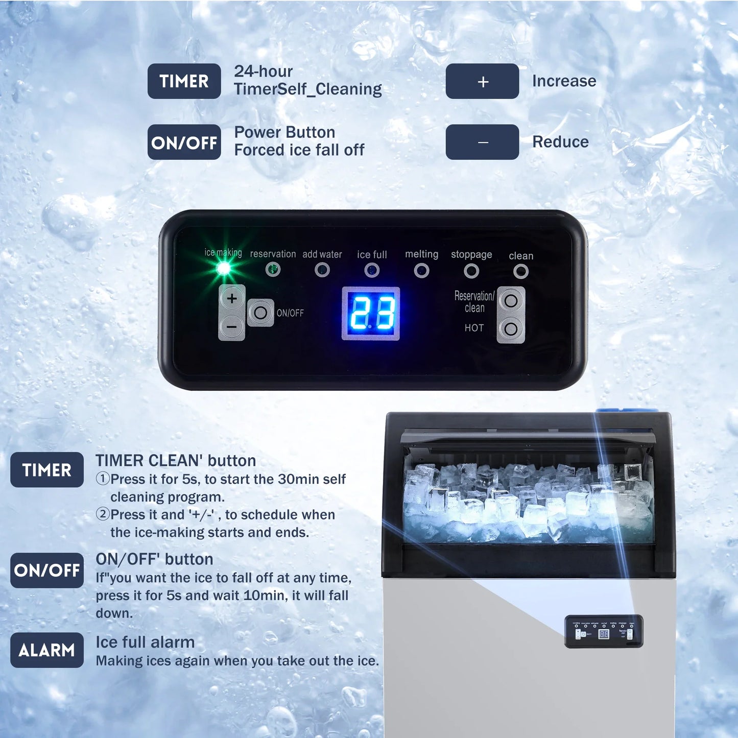 Commercial Ice Maker Machine 100LBS/24H, 50 Ice Cubes in 5-15 Min | 33 Lbs Storage Ice Bin, Freestand Stainless Steel Body, 2 Water Inlets, LED Display, for Home Bar Office Restaurant