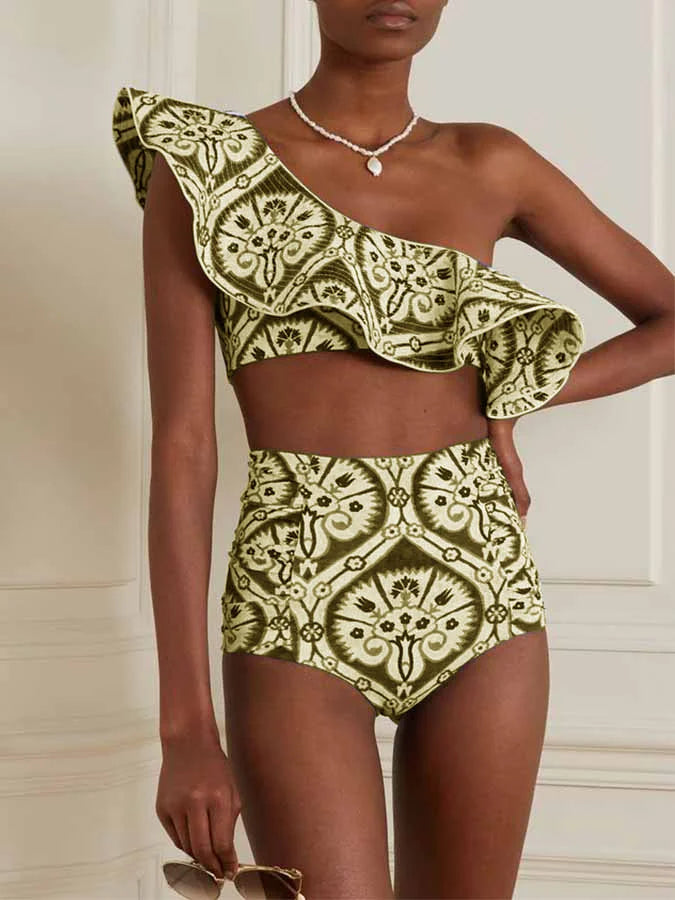 Women's Printed Ruffle Swimsuit Fashion One Shoulder Slash Breasted Bikini Two Piece High Waisted Tummy Tuck Beachwear 2024 New