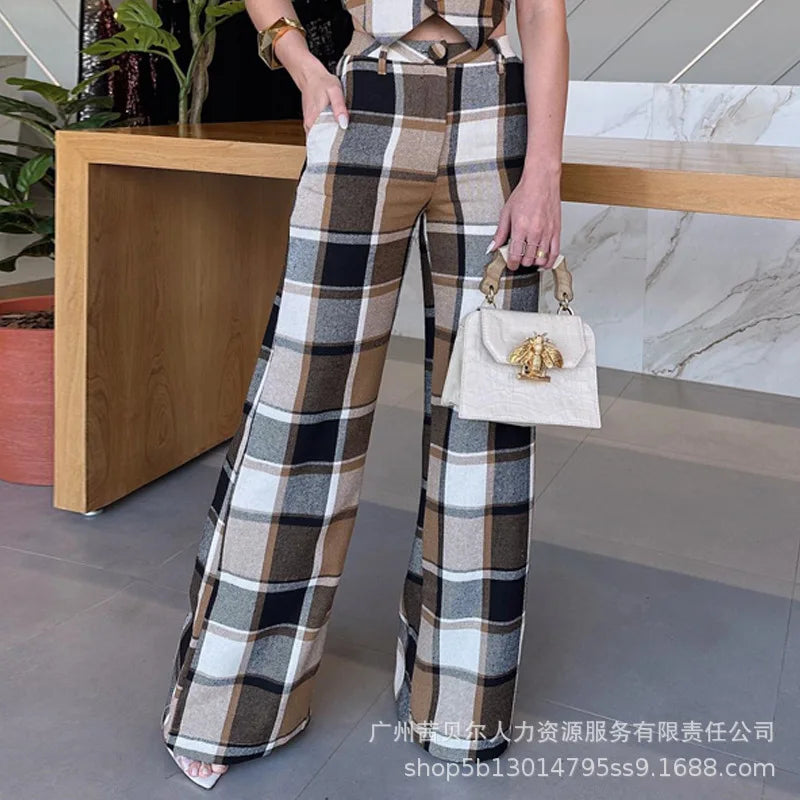Mandylandy Khaki Plaid Sleeveless Vest Suit Straight-Leg Pants 2-Piece Sets Outfits Women Summer Fashion Vests Coats Trousers
