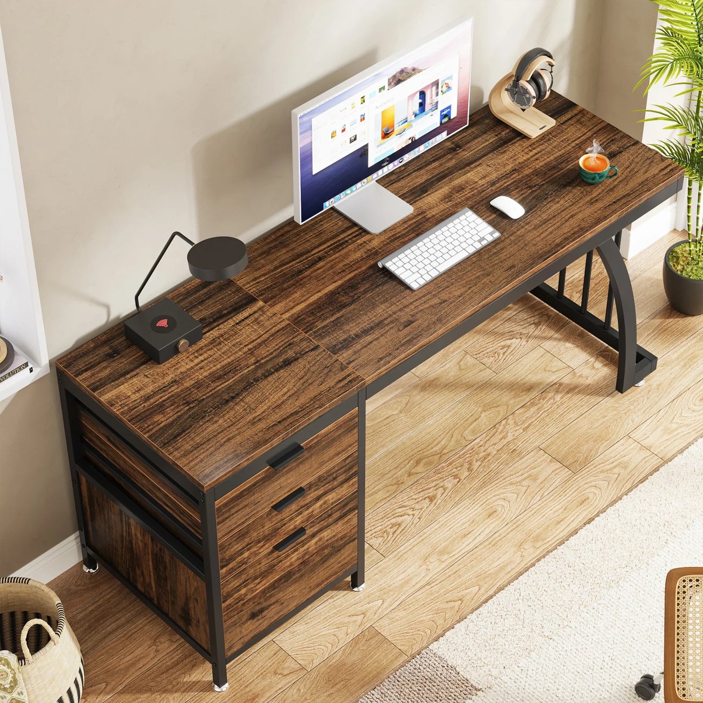 Computer Desk with 3 Drawers, 59-Inch PC Desk with Reversible Drawers, Industrial Study Table Workstation.