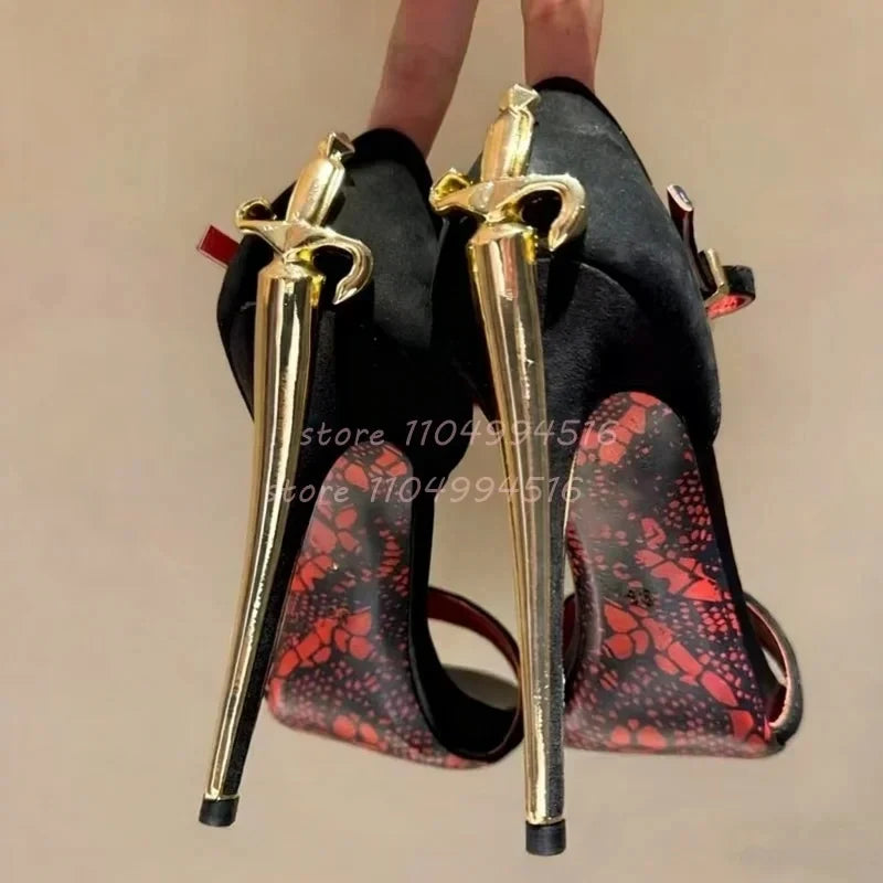 Gold Sword Shaped Pointed Stiletto Sandals Women Metal Decor Patent Leather High Heels Luxury Fashion One Strap Party Prom Shoes