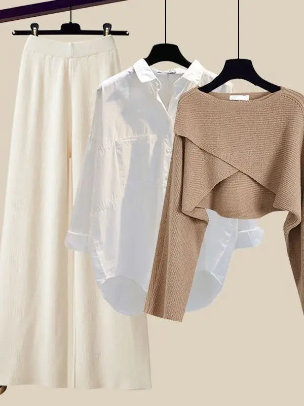 Fall Winter Knitwears 3 Pieces Set For Women Plaid Knitted Vest+solid Blouse+wide Leg Knitting Pants Sets Women Outfits 2024