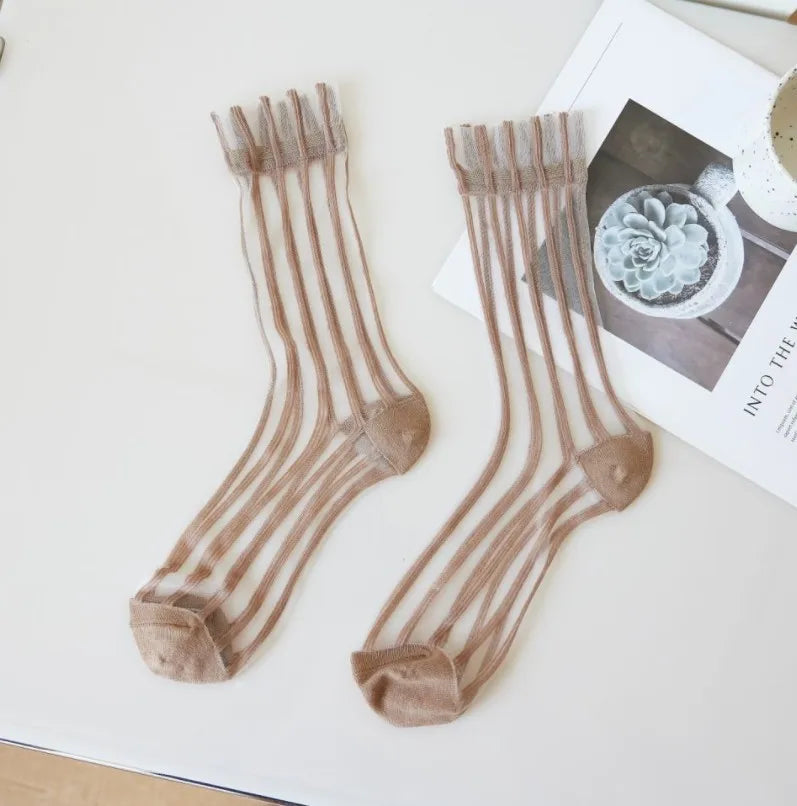Transparent Crystal Silk Socks Women Fashion Ultra-thin Summer Harajuku Crew Socks Flower Streetwear Elastic Long Mesh Socks