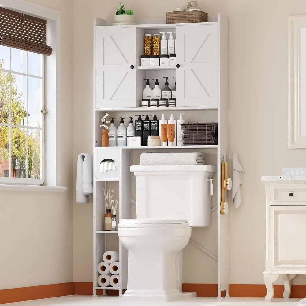 32"W Over The Toilet Storage Cabinet, with Metal Frame and 7 Storage Shelves.