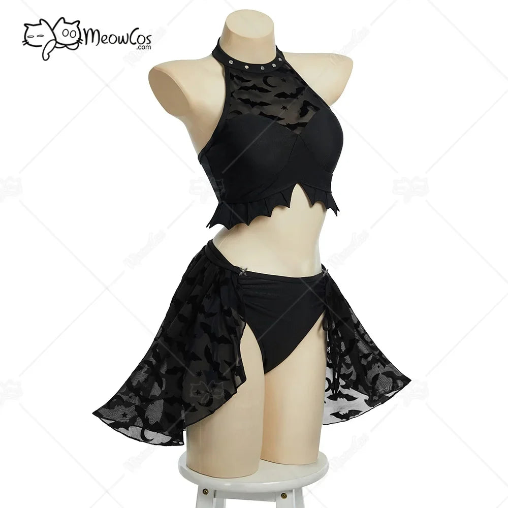 Meowcos Women‘s Nocturnal Waves Gothic Black Bat Two-piece Swimsuit Halter Top Bathing Suit with Detachable Skirt