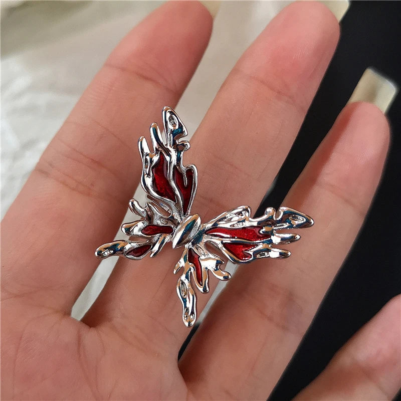 Goth Punk Vintage Red Crystal Love Heart Cross Geometry Irregular Open Ring Set Y2K Halloween Accessories For Women Kpop Jewelry