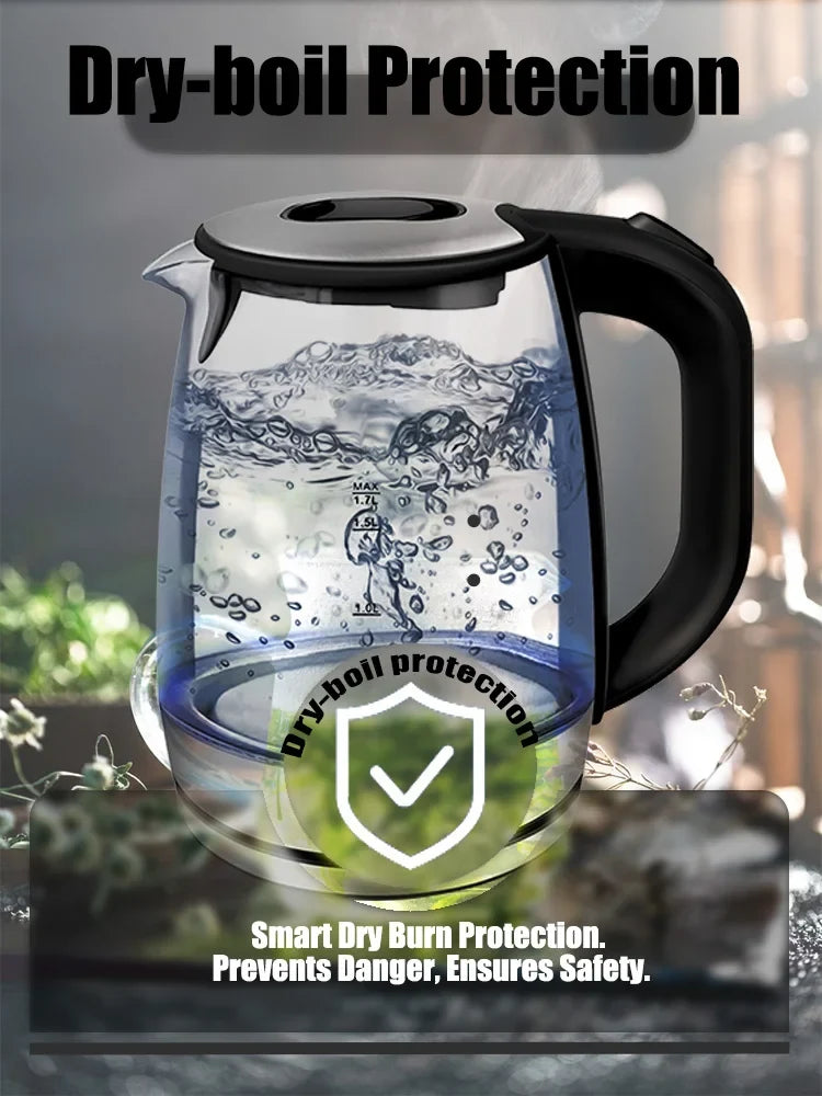 Sonifer 1.7L Glass Electric Kettle SF-2079, 2200W Fast Boil, Cordless, Blue LED Light, Auto Shut-Off, Dry Boil Protection