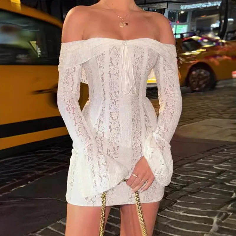 Hollow Out Lace Backless Slim Long Dress Women Strapless Lace Up Off Shoulder Dresses Chic 2025 New Sexy Female Party Club Robes