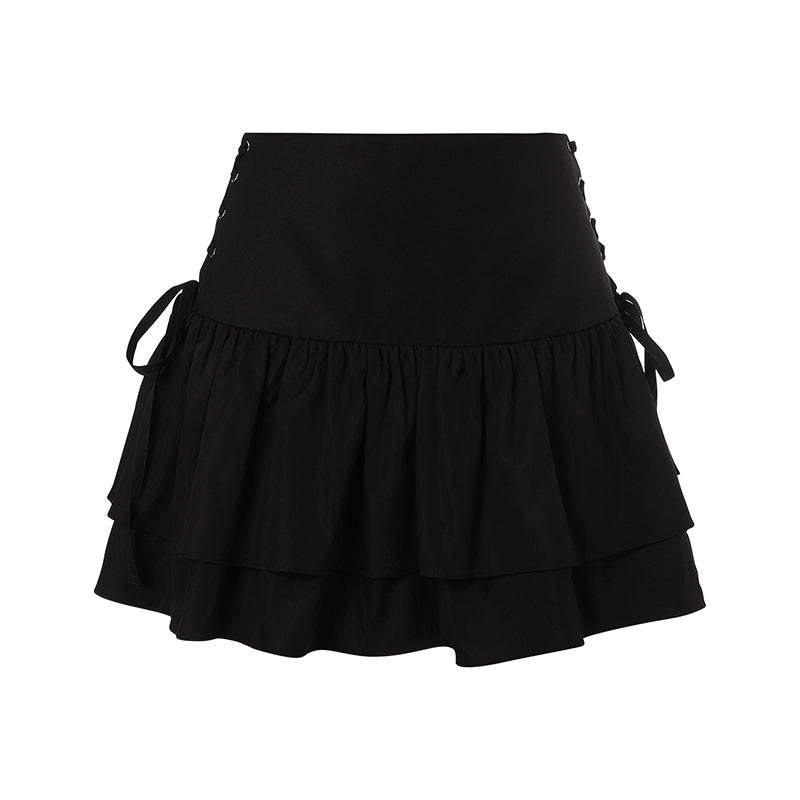 Women s Pleated High Waist Mini Skirt Solid Color Ruffle A-Line Skirt with Criss Cross Tie Up Detail
