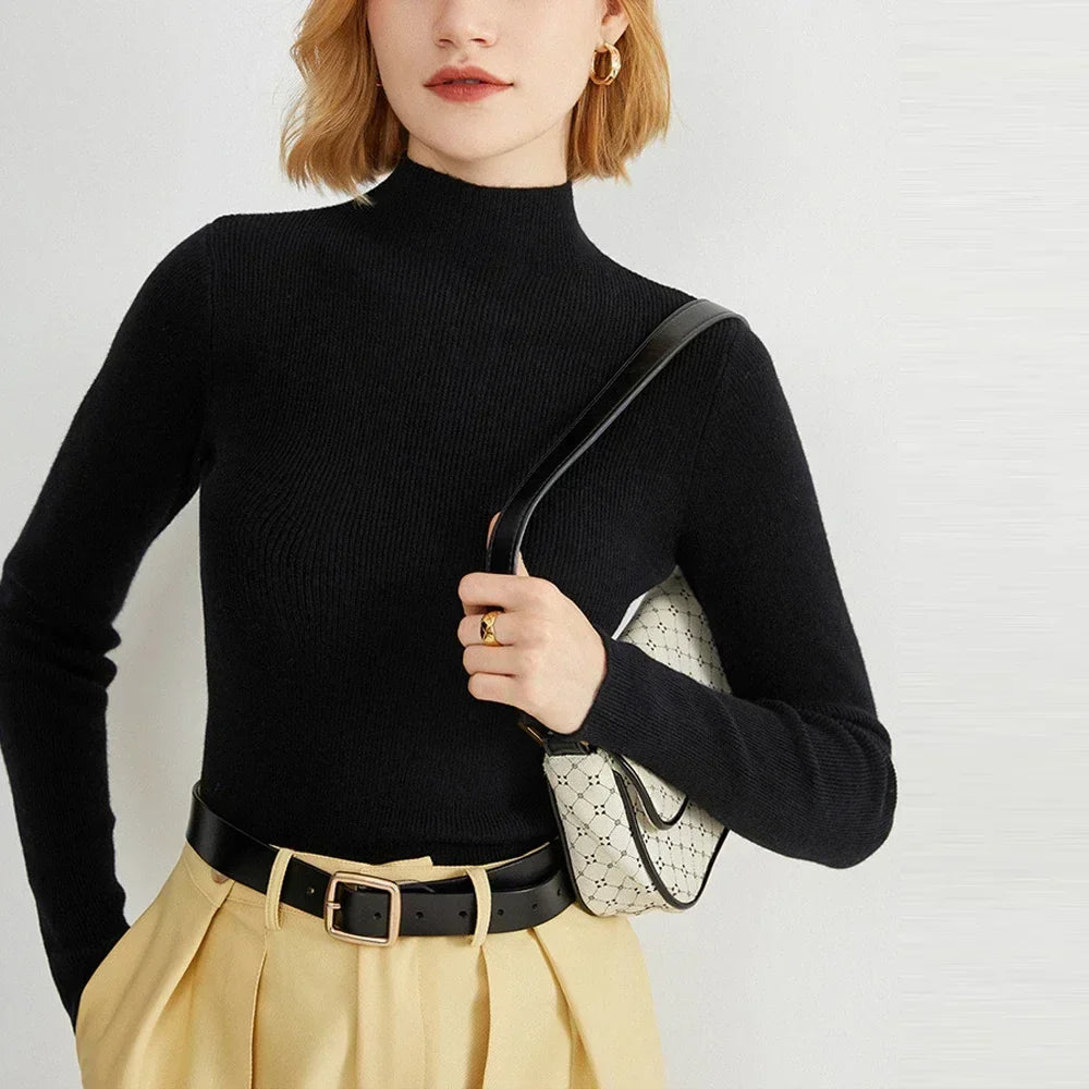 Long Sleeved Knitted Sweater Girl S-XL Red Coffee Green Yellow Half High Collar T Shirt Women Slim Tops Autumn Winter X-G-Xinde