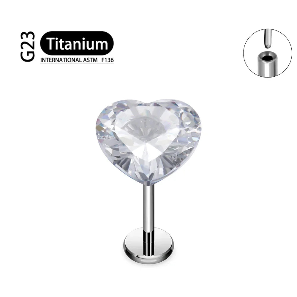 ASTM F136 Titanium 18G/16G Threadless Push Pin Labret Stud CZ Heart Cartilage Earring Helix Tragus Nose Stud Piercing