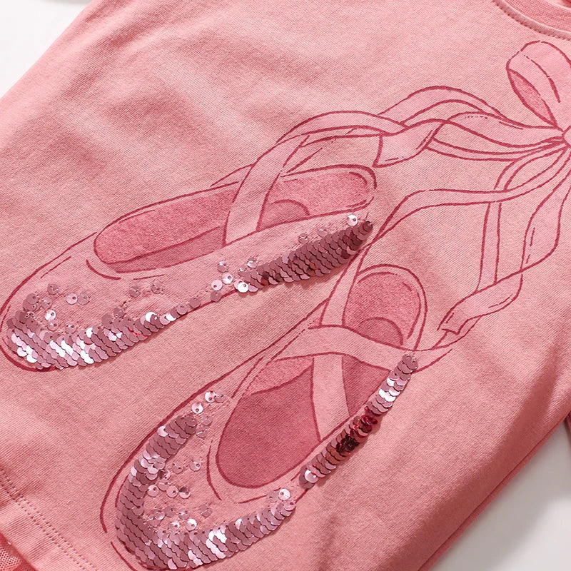 Little Maven Children's Clothing 2024 Autumn Spring Tops Kids Clothes Baby Girls Cartoon Sequin Ballet Shoes T-shirts Cotton