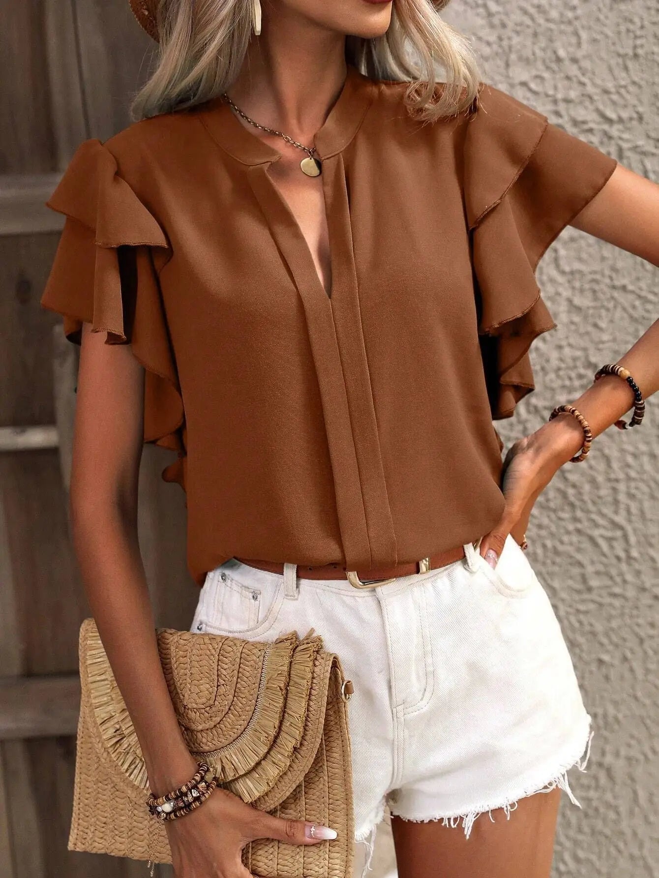 Rose red Elegant Pullover Blouse 2024 Women's Summer New V-neck Casual Double Layered Ruffle Sleeves Solid Color Shirt Top