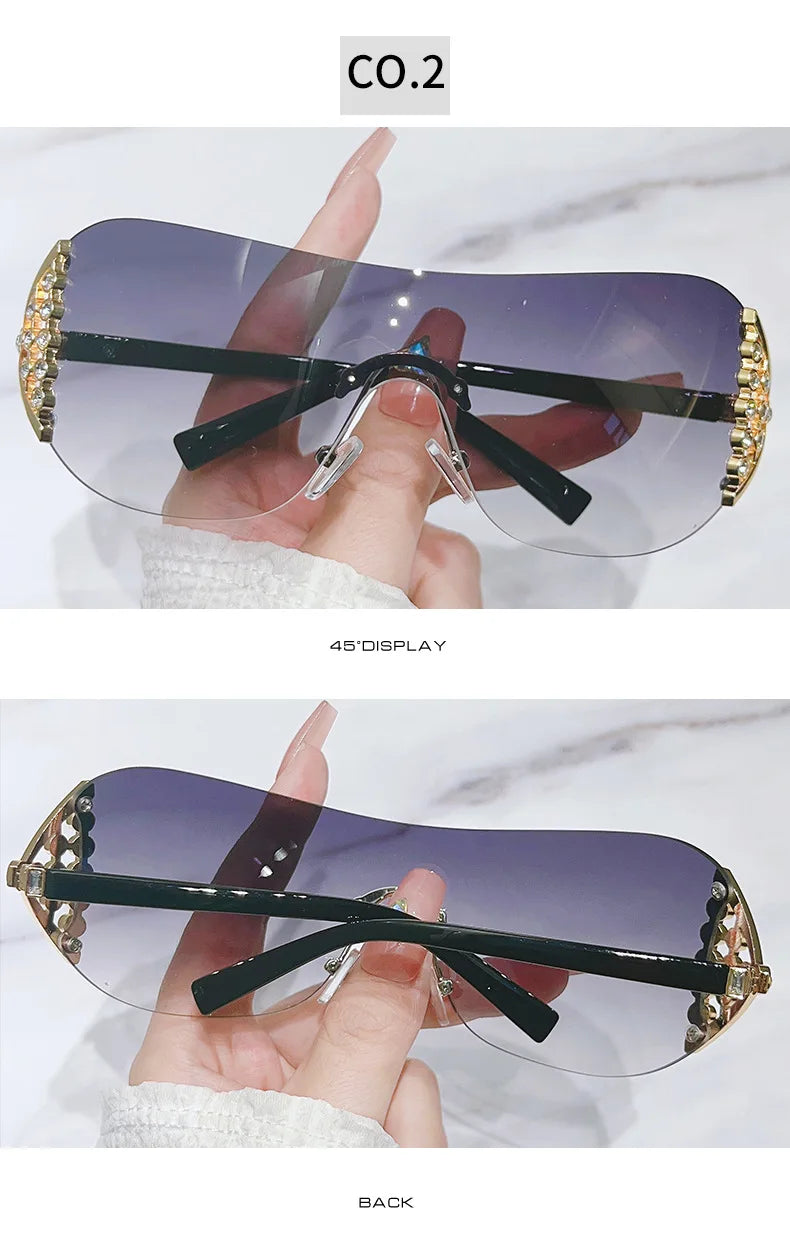 Luxury One-Piece Rimless Sunglasses Oversized Diamond Brand Designer Sun Glasses for Women Steampunk Eyewear UV400 Oculos De Sol