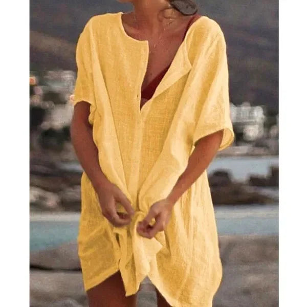 2024 Women's Cotton Linen Beach Dress Solid Summer Casual Cover-ups Midi Dresses Soft Loose Tunics Female Shirt Dress Robe S-5XL