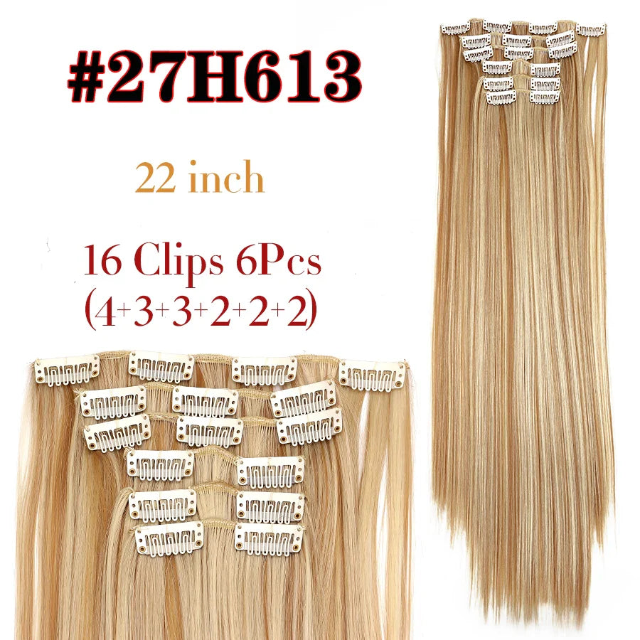 Leeons 16Clips Long Straight Synthetic Clip On Hair Extensions Cheveux Clip Naturel High Temperature Fiber Black Brown Hairpiece