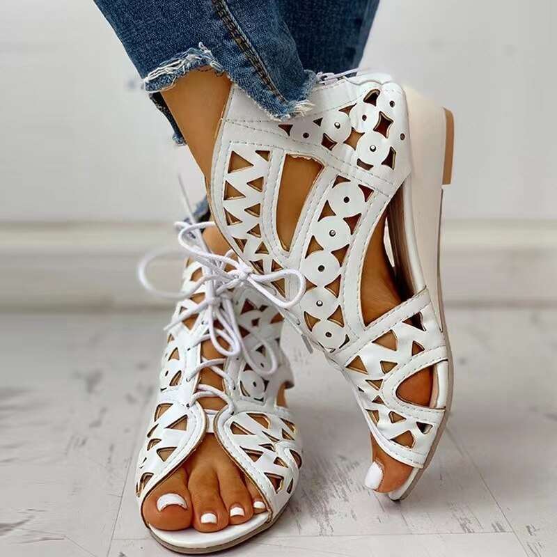 New Womens Gladiator Sandals Summer Retro Wedge Lace Up Mesh Shoe Casual Open Toe One Word Buckle Sandals Plus Size 36~42