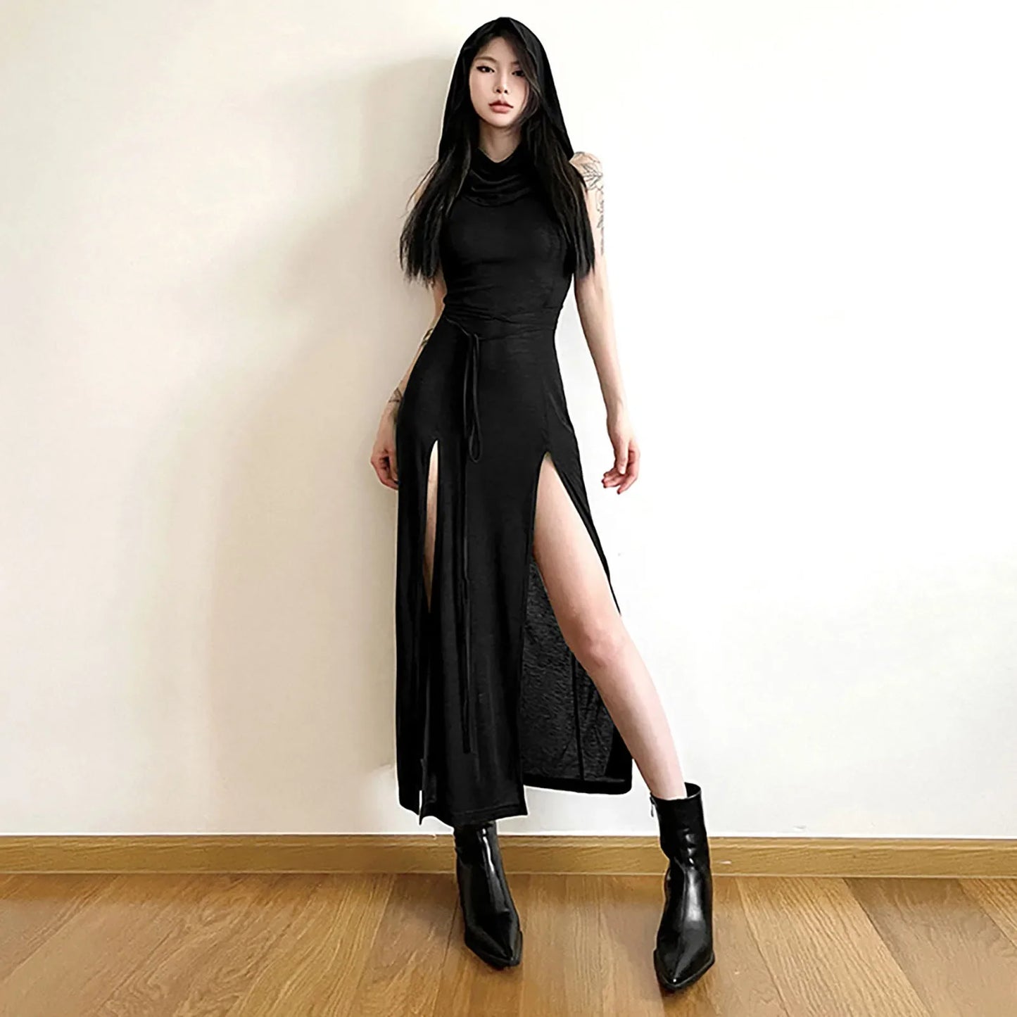 Women's Summer Fashion Dresses Personality New Hooded Loose Solid Color High Split Sexy Bandage Dress Goth Cosplay Sundresses
