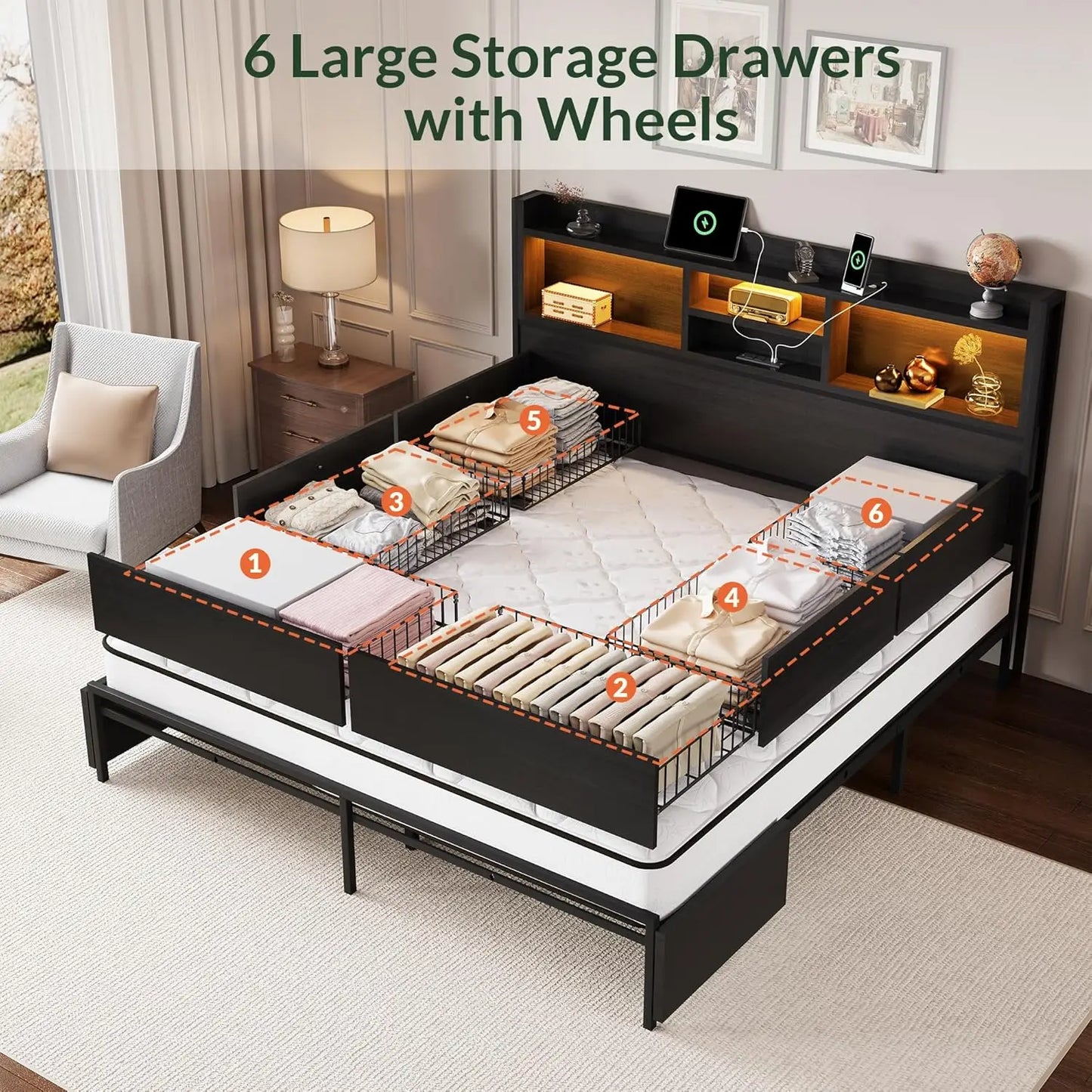Queen Size Wooden Bed Frame with 6 Drawers, Headboard, LED Lights & Charging Station, No Box Spring Needed, Black.
