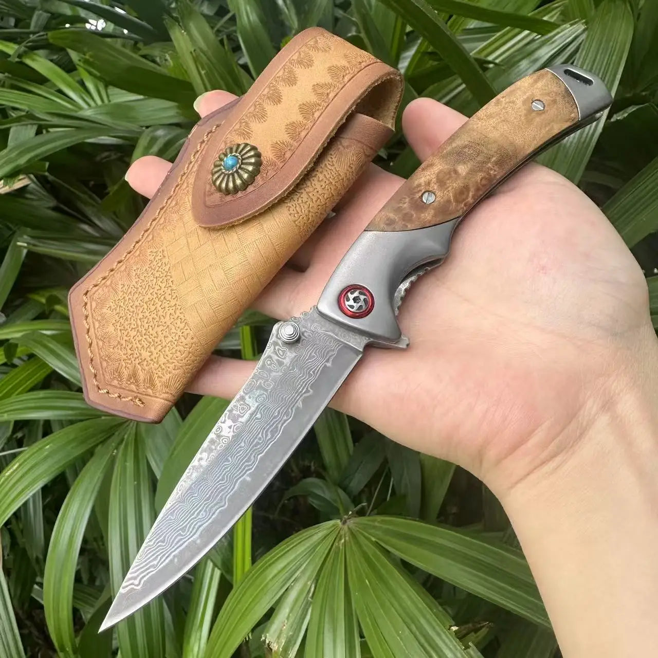 Topwell Handmade YH003 EDC Folding Knife Perfect Quality Damascus Steel Blade Rosewood Handle Kraft First layer Leather Sheath