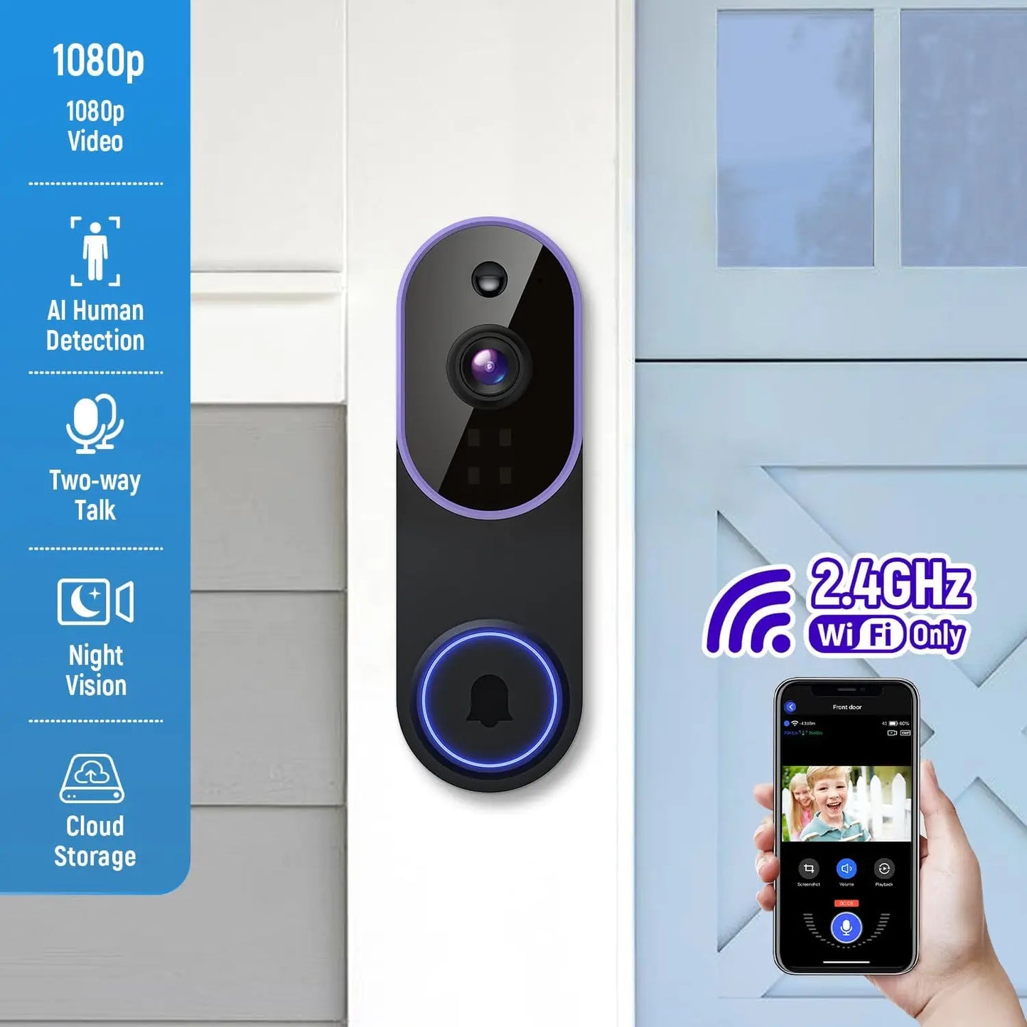 Smart Wireless Video Doorbell Camera AI Human Detection Night Vision Cloud Storage Battery Powered Indoor Outdoor Home Security Surveillance