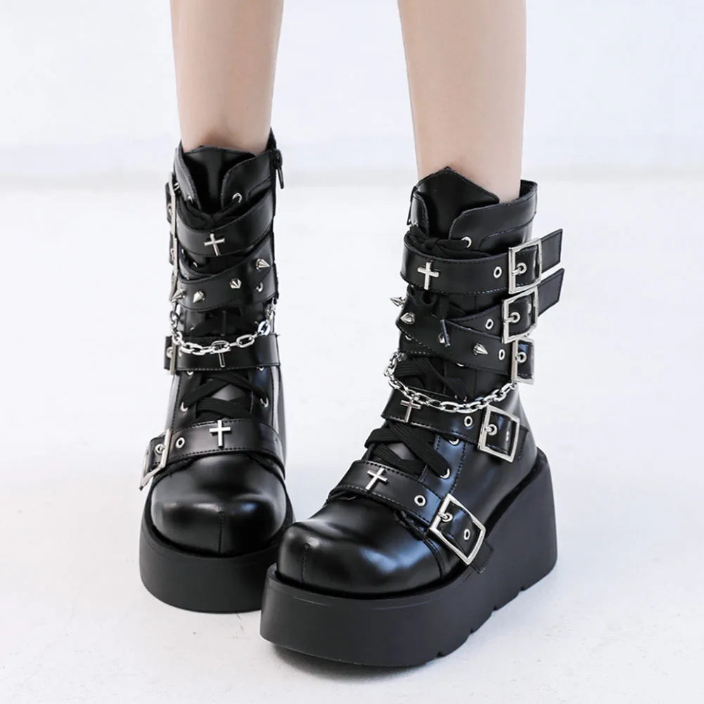 Brand New Ladies Goth Platform Ankle Boots Fashion Buckle Zip Rivet Punk Wedges High Heels Womens Boots Party Street Woman Shoes