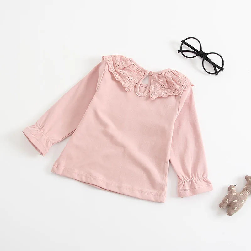 Kids White Shirts For Baby Girl Long Sleeve Ruffle Doll Collar Girls Blouses Autumn Children School Clothes Toddler lace shirt