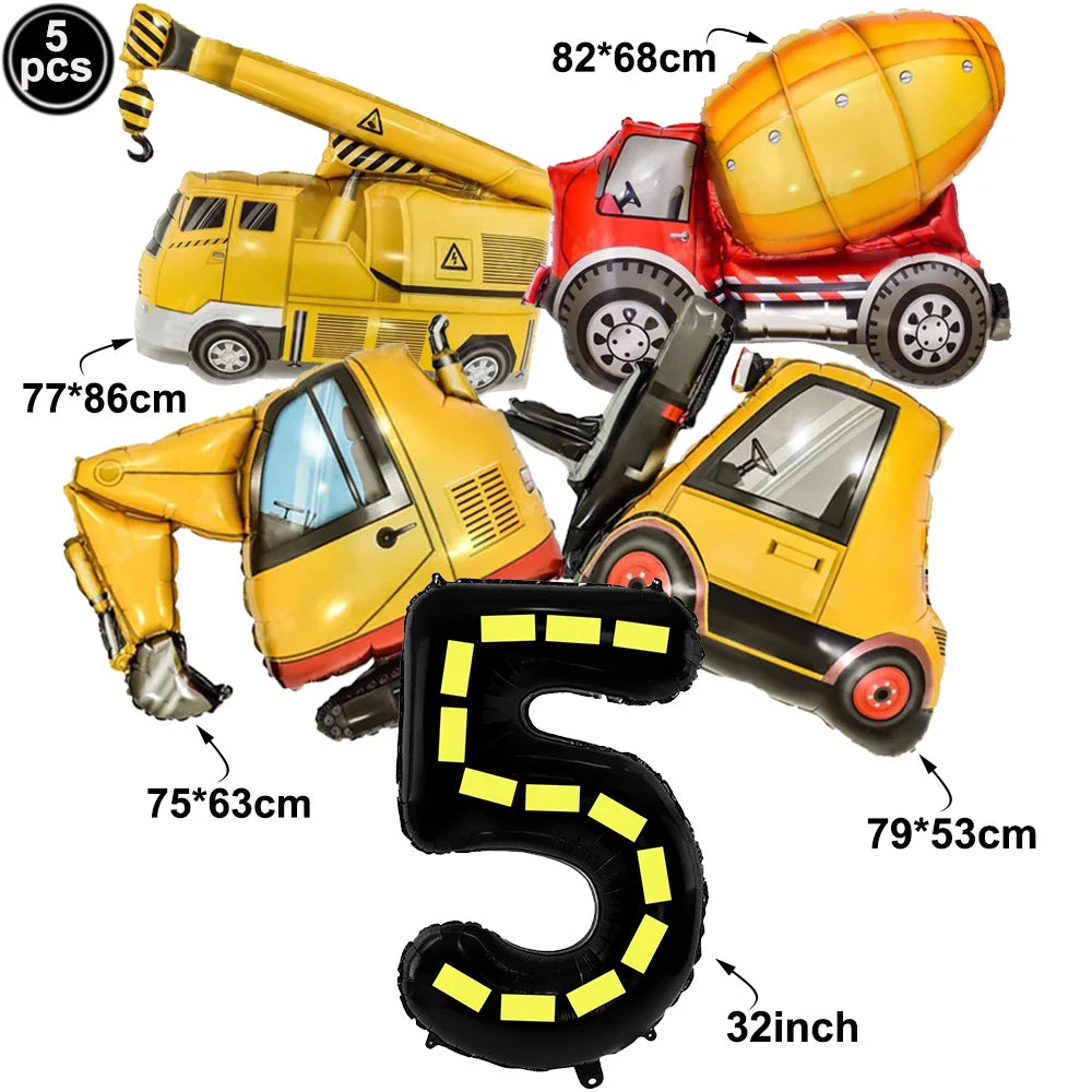 5pcs Construction Themed Balloon Carton Vehicle Balloon Excavator Forklift Crane Balloons for Boy's Construction Birthday Party