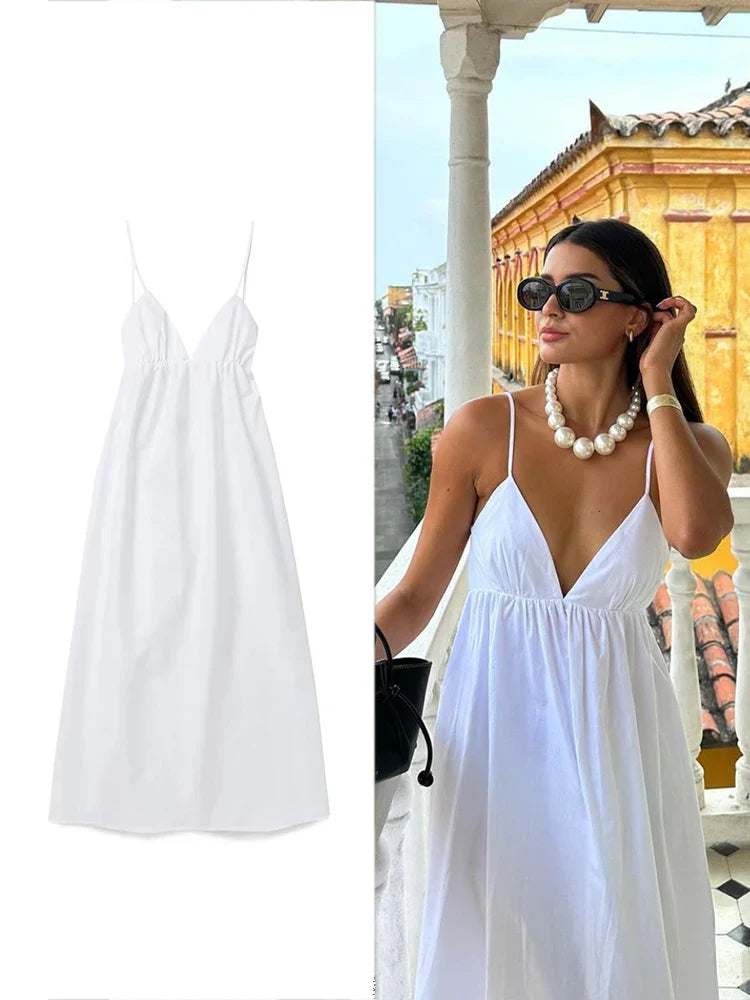TRAFZA Women's White Elegant Halter Dress Pure V Neck Sexy Backless Spaghetti Strap Long Beach Holiday Casual Party Dresses