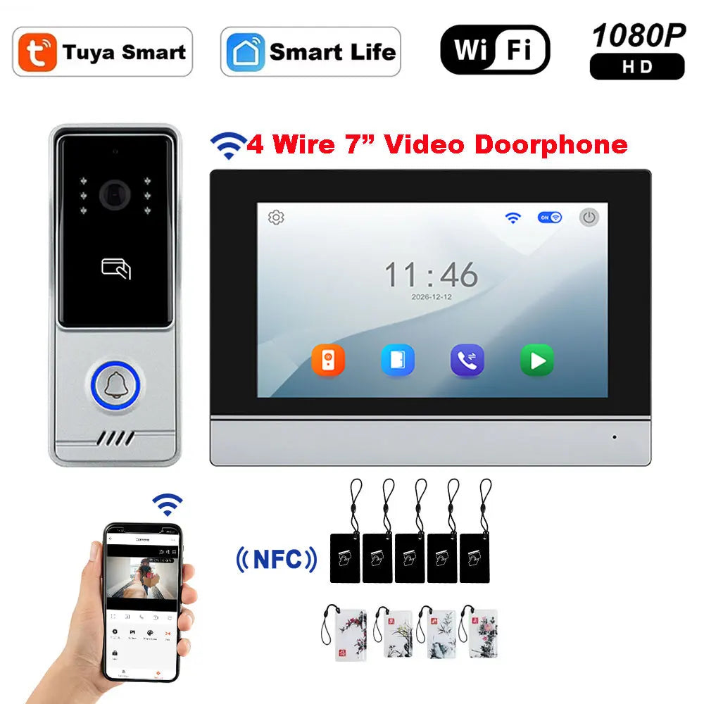 5G WiFi Video Doorbell 7 Inch LCD HD 1080P Camera Tuya Smart 4 Wire Video Doorphone Intercom Security System RFID NFC APP Unlock