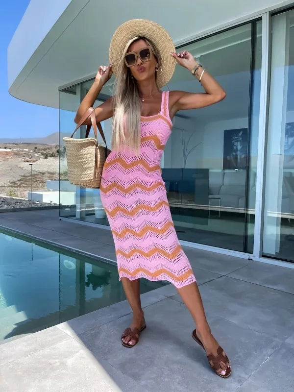 Wepbel Bodycon Dress Slim Summer Sweater Dress Summer Women's Color Knit Beach Wear Matching Wave Pattern Sun Sheath Dress